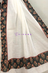 Pure White Linen Cotton Saree with Striking Blackish Green Border