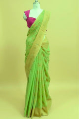 Kanjivaram Inspired Parrot -Green Cotton Linen Saree