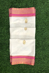Kerala Cotton Premium Set Saree with Pink Border and Gold Zari Woven Floral Designs