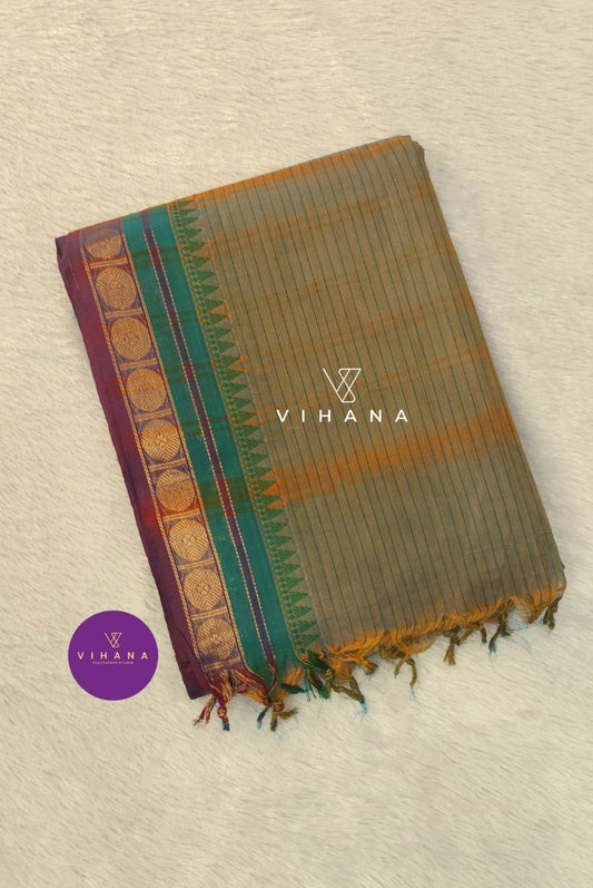 Pure Chettinadu Cotton Pastel Greyish Green Check Zari Border Saree