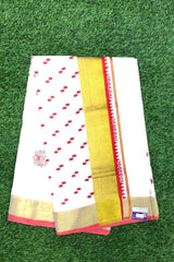Traditional Cotton Set Saree With Red Floral and Geometric Prints