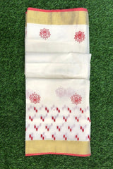 Traditional Cotton Set Saree With Red Floral and Geometric Prints