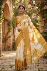 Khatan Silk Tie and Dye White Mustard Yellow Saree