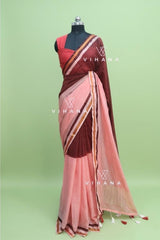 Peach and Brown Pure Mulcotton Saree120 count