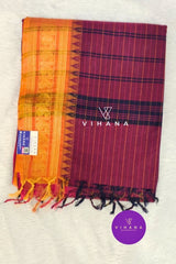 Pure Chettinadu Magenta Checkered Cotton Saree with Ganga Jamuna Border