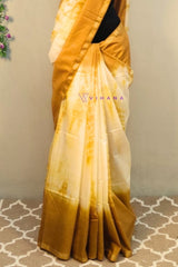 Khatan Silk Tie and Dye White Mustard Yellow Saree