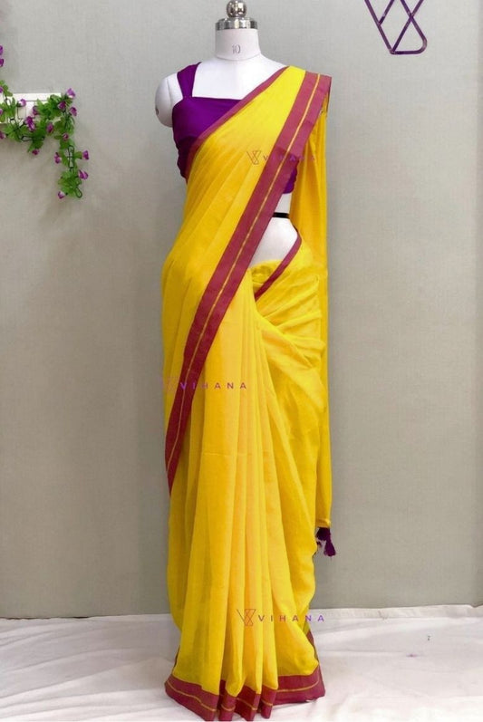 Bright Yellow Mul Cotton Saree with Purple and Golden zari Border