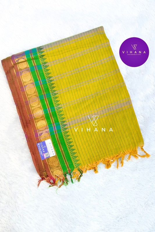 Pure Chettinad Cotton Mustard Green Check Zari Border Saree