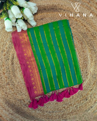 Mul Cotton Saree – Blue & Green Striped Pattern with Kanchi Border – VS521