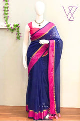 Elegant Blue Mul Cotton Saree with Pink and Golden Zari Borders