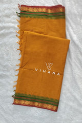 Pure Chettinadu Cotton Mango Yellow Check Zari Border Saree