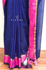 Elegant Blue Mul Cotton Saree with Pink and Golden Zari Borders