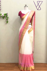 Off White And Pink Mul Cotton Saree