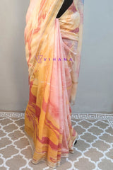Khatan Semi Silk Marble print Yellow and Red Saree