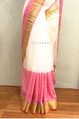 Off White And Pink Mul Cotton Saree