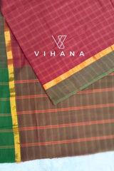 Maroon Village Cotton Saree with Check Pattern