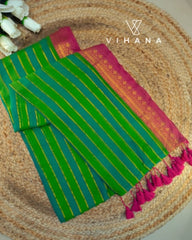 Mul Cotton Saree – Blue & Green Striped Pattern with Kanchi Border – VS521