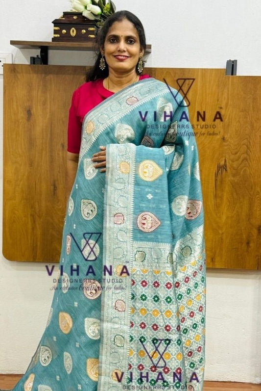 Pastel Teal Blue Cotton Blend Saree
