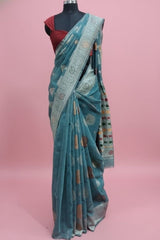 Pastel Teal Blue Cotton Blend Saree