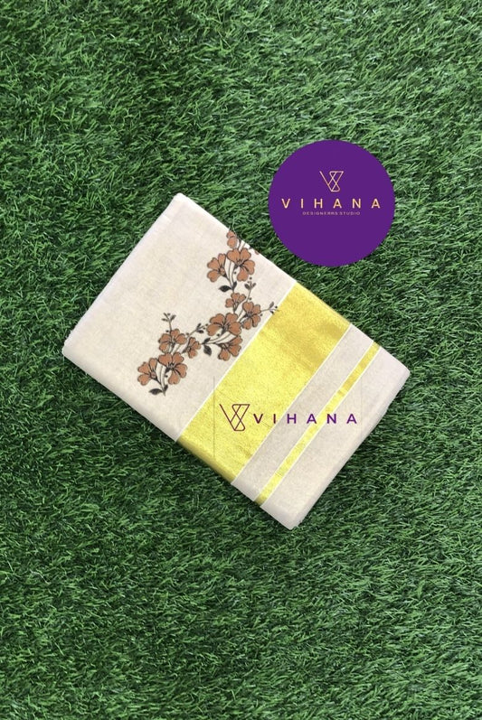 Golden Tissue Set Saree With Brown Floral Print-VS077