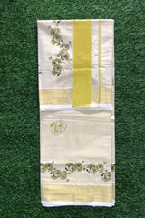 Golden Tissue Set Saree With Green Floral Print