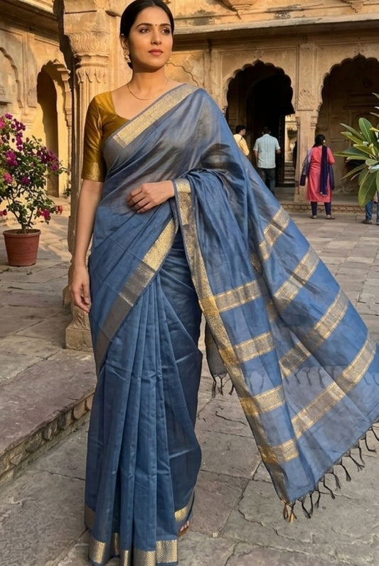 Dusty Blue Maheswari Katan Silk Saree