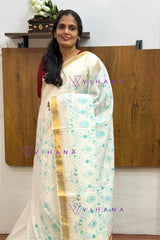 White Kota Doriya Organza Silk Saree with Floral Embroidery