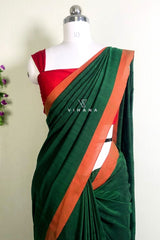 Bottle Green Khadi Cotton Saree with Red Orange Border