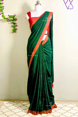 Bottle Green Khadi Cotton Saree with Red Orange Border