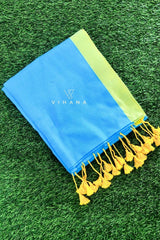 Light Blue Khadi Cotton Saree with Lime Green Border