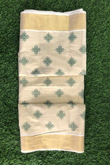 Kerala Golden Tissue Set Saree with Golden Kasavu Border and Green Leaf Prints
