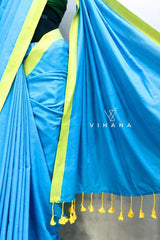 Light Blue Khadi Cotton Saree with Lime Green Border