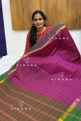 Magenta Village Cotton Saree with Check Pattern