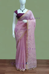 Light Pink Linen Cotton Jamdhani Floral Weave Sareee