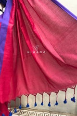 Rani Pink Khadi Cotton Saree with Blue and Violet Border