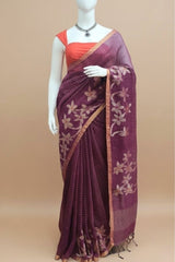 Magenta Linen Cotton Jamdhani Weave Saree