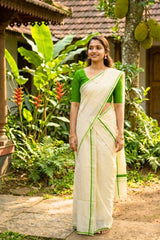 Parrot Green Puliyilakara Set Saree