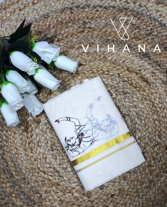 Kerala Cotton Set Mundu Off White Color Natya Print-VS481