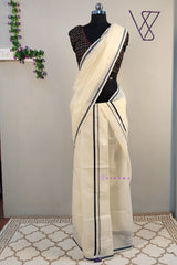 Kerala Cotton Set Mundu with Teal Blue Border