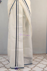 Kerala Cotton Set Mundu with Teal Blue Border