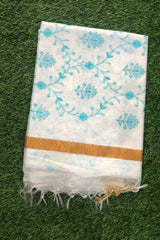 White Kota Doriya Organza Silk Saree with Floral Embroidery