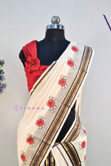 Kerala Cotton Set Mundu with Red Rose and Black Honey Comb Mesh Designs