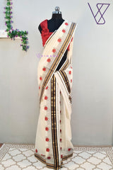 Kerala Cotton Set Mundu with Red Rose and Black Honey Comb Mesh Designs