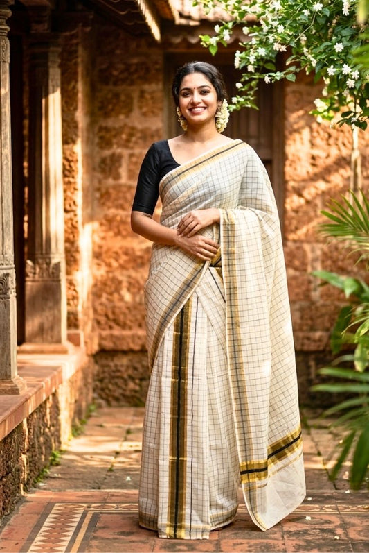 Kerala Cotton Set Mundu with Classic Check and Rich Kasavu Border