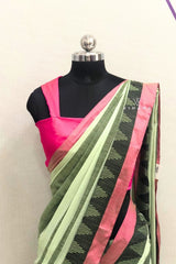 Green and White Stripes Khadi Cotton Saree
