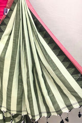 Green and White Stripes Khadi Cotton Saree