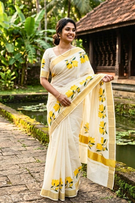 Elegant Kerala Kasavu Saree with Hand-Painted Yellow Florals