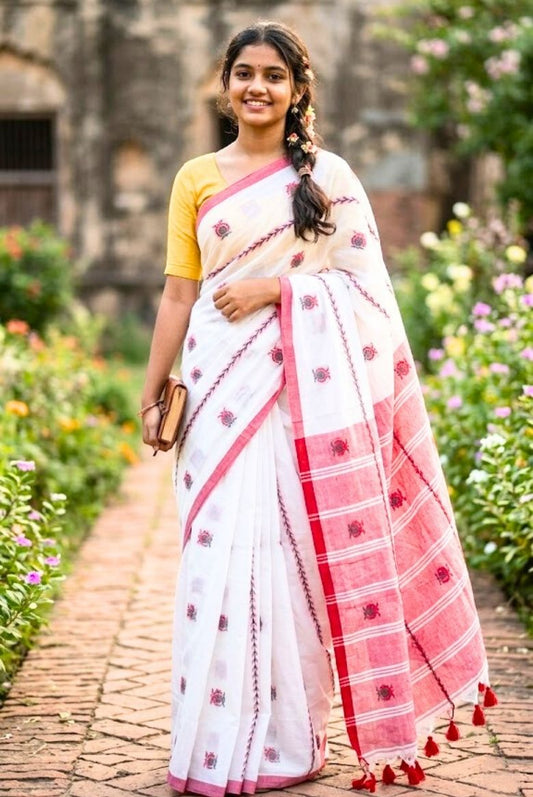 White Bengal Cotton Saree with Pomegranate Motifs