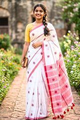 White Bengal Cotton Saree with Pomegranate Motifs
