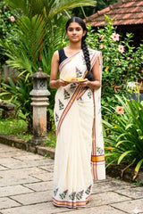 Tulsi Motifs Hand-painted Cotton Set Saree